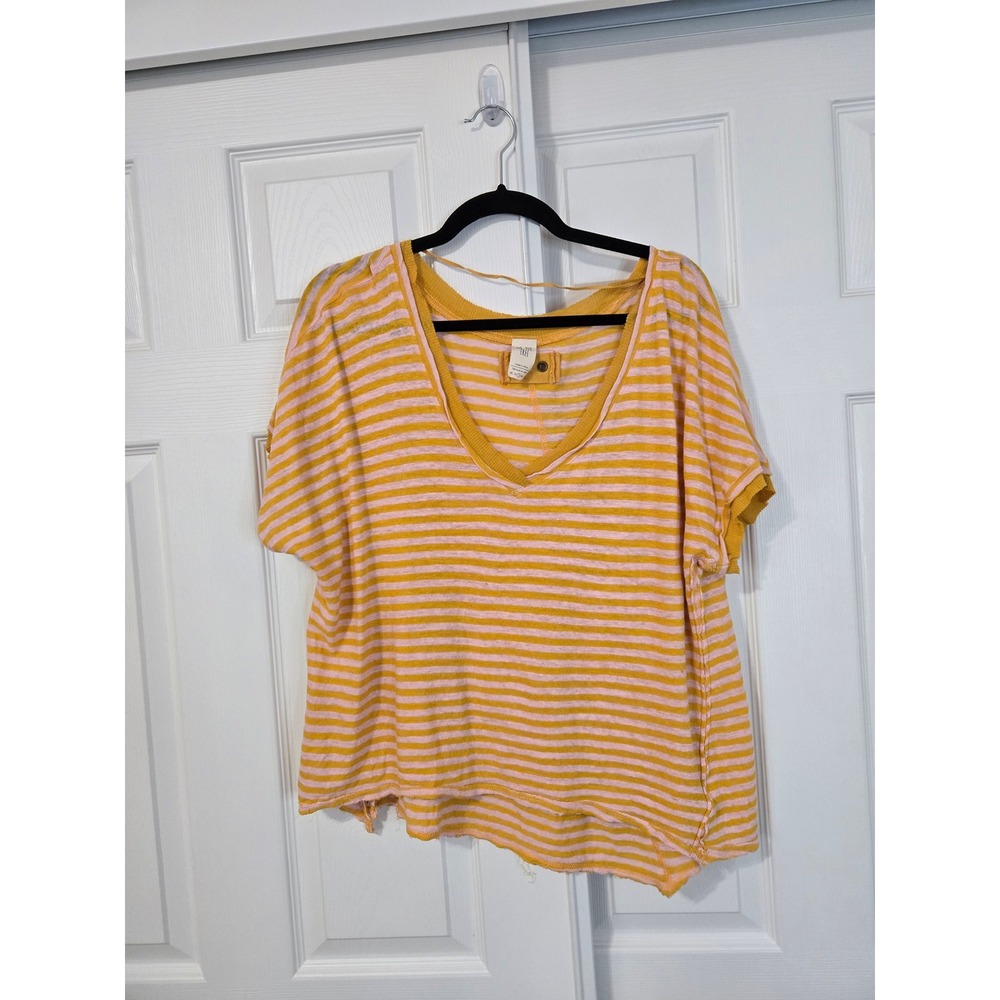 We The Free People Striped V-Neck T-Shirt Yellow Pink Raw Hem Small OB608447